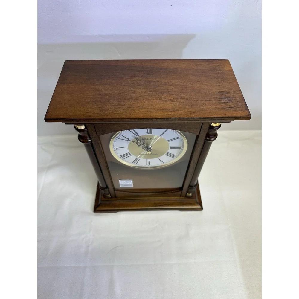NIB: Seiko Baron Brown Wood Gold Mantel Pendulum Clock Dual Chimes QXQ034B